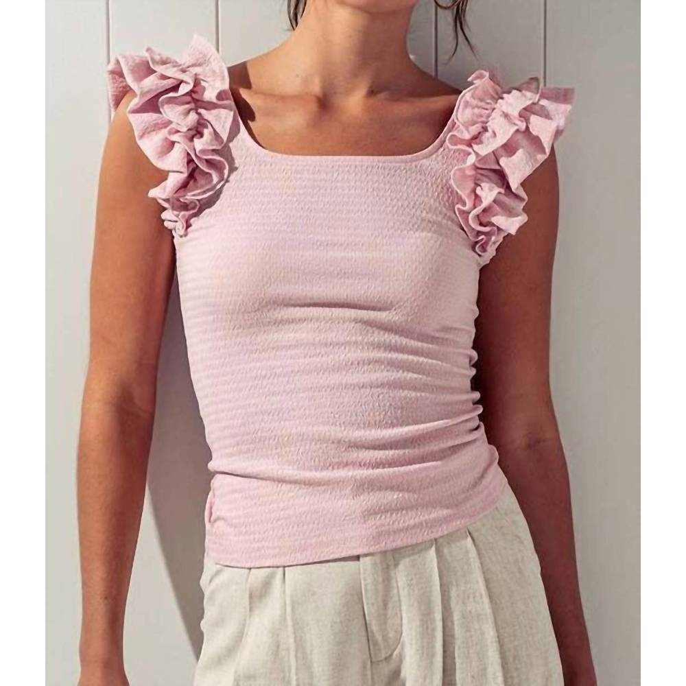NEW TREND:NOTES ruffled scrunchy shoulder top in pink